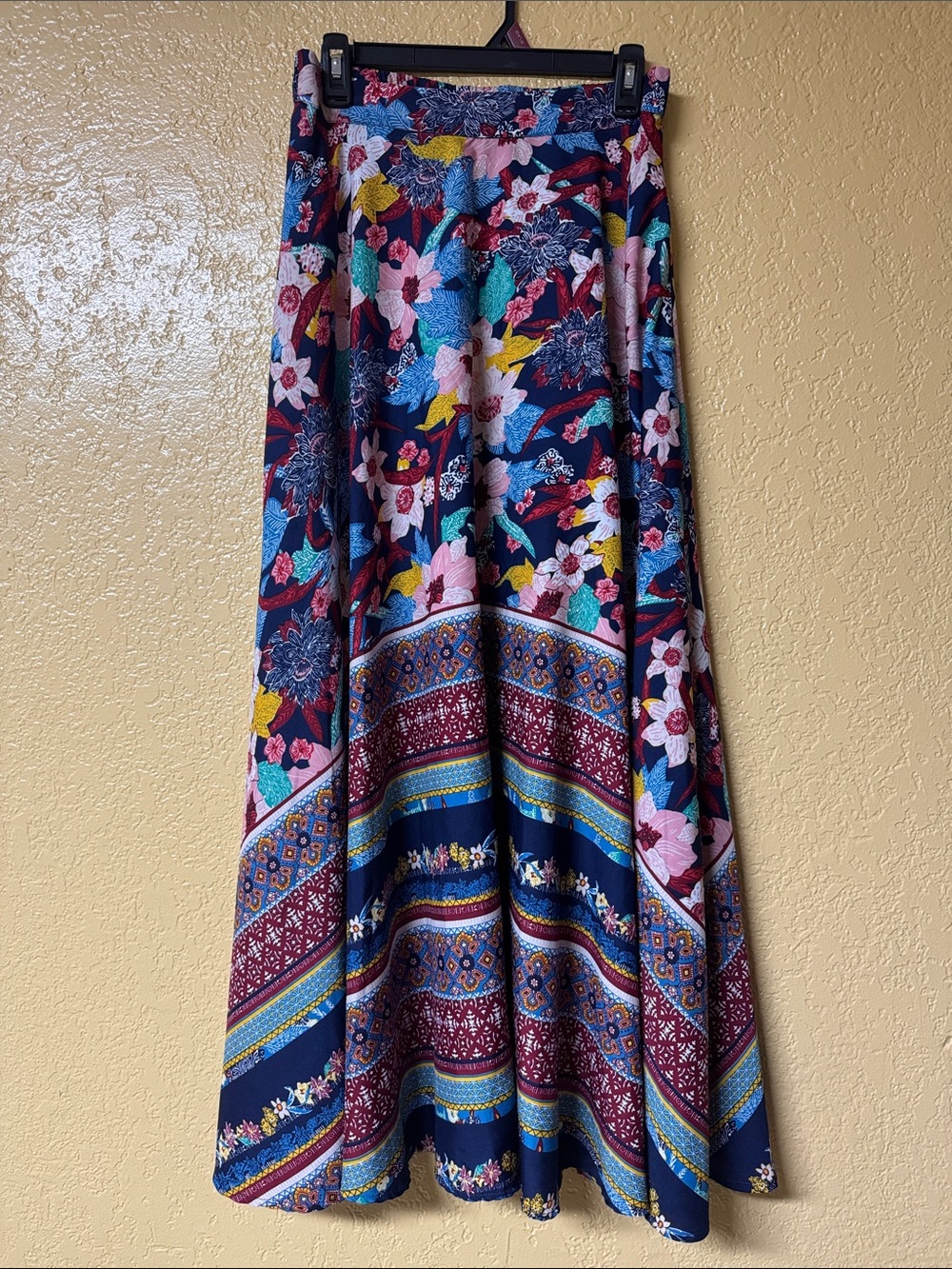 Navy Floral Border Maxi Skirt with Multicolor Print